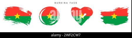 Burkina Faso Set di icone di bandiera in stile grunge disegnate a mano. Banner volta superiore nei colori ufficiali. Forma del tratto libero del pennello, cerchio e a forma di cuore. Vect piatto Illustrazione Vettoriale