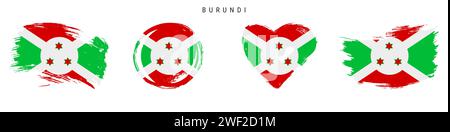 Set di icone bandiera stile grunge disegnate a mano in Burundi. Banner burundiano con colori ufficiali. Forma del tratto libero del pennello, cerchio e a forma di cuore. Illu. Vettore piatto Illustrazione Vettoriale