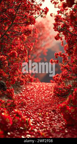 Sfondo rosso, spazio interno per matrimoni in stile cinese pieno di vari fiori rossi Foto Stock