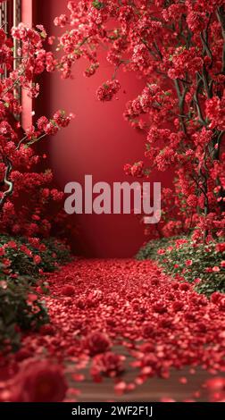 Sfondo rosso, spazio interno per matrimoni in stile cinese pieno di vari fiori rossi Foto Stock