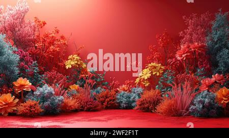 Sfondo rosso, spazio interno per matrimoni in stile cinese pieno di vari fiori rossi Foto Stock