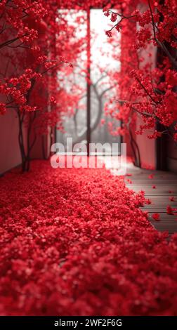 Sfondo rosso, spazio interno per matrimoni in stile cinese pieno di vari fiori rossi Foto Stock