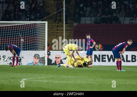 Jose Luis Morales del Villarreal CF celebra un gol durante la partita di calcio del campionato spagnolo la Liga tra il FC Barcelona e il Villarreal CF il 27 gennaio 2024 all'Estadio Olimpico de Montjuic di Barcellona, in Spagna Foto Stock