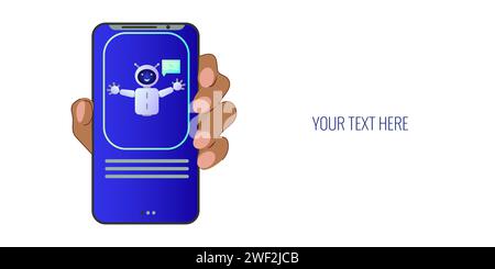 Assistente chatbot forma robot con ai 3d. Rete neurale bot simpatica e simpatica. Mano che tiene il telefono. Progettazione di siti web di applicazioni di social networking. Illustrazione vettoriale. Illustrazione Vettoriale