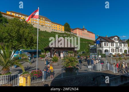 Meersburg sul lago di Costanza, azienda vinicola statale, turisti, vigneto, pontile, Droste-Huelshoff-Gymnasium, Baden-Wuerttemberg, Germania Foto Stock