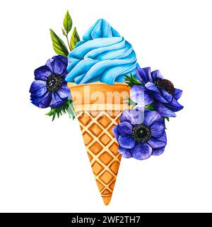 Illustrazione ad acquerello di un cono gelato con fiori di anemone blu. Dolce dessert estivo con crema di burro blu. Morbidi sundae a vortice Foto Stock