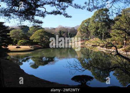 Daisensui Pond nel Rikugien Garden, Tokyo, Giappone Foto Stock