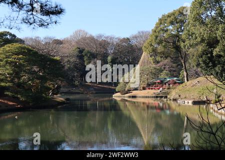 Daisensui Pond e Yukitsuri (impiccagione di neve) nel Rikugien Garden, Tokyo, Giappone Foto Stock