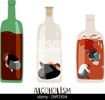 Un uomo con dipendenza da alcol siede sul fondo di una bottiglia. La donna codipendente annega in una bottiglia di alcol. Concetto di abuso di alcool illustrazione vettore di dipendenza da alcol in bottiglia Illustrazione Vettoriale
