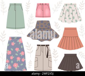 Set di gonne diverse, illustrazione vettoriale su sfondo bianco della gonna elegante collezione di guardaroba alla moda Illustrazione Vettoriale