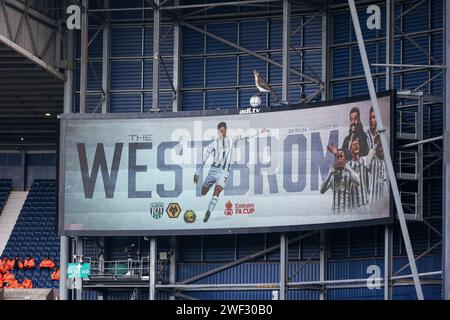 West Bromwich, Regno Unito. 28 gennaio 2024. Tabellone segnapunti in vista dell'incontro del quarto turno della Emirates fa Cup tra West Bromwich Albion e Wolverhampton Wanderers agli Hawthorns, West Bromwich, Inghilterra, il 28 gennaio 2024. Foto di Stuart Leggett. Solo per uso editoriale, licenza necessaria per uso commerciale. Nessun utilizzo in scommesse, giochi o pubblicazioni di un singolo club/campionato/giocatore. Credito: UK Sports Pics Ltd/Alamy Live News Foto Stock