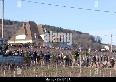 Chambolle Musigny, Francia. 27 gennaio 2024. © TARDIVON JC/MAXPPP - Chambolle-Musigny 27/01/2024 Participations dans les vignes autour du Village Morey-Saint-Denis 01/27/2024 Saint Vincent Rotating in Borgogna 2024. Tra le tradizioni, le induzioni nella fratellanza dei cavalieri di Tastevin, la messa e la processione nei vigneti. Credito: MAXPPP/Alamy Live News Foto Stock