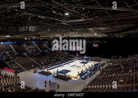 Birmingham, Regno Unito. 28 gennaio 2024. L'Utilita Arena, pronta per la finale del BBL Trophy all'Utilita Arena di Birmingham, Regno Unito, il 28 gennaio 2024. Foto di Phil Hutchinson. Solo per uso editoriale, licenza necessaria per uso commerciale. Nessun utilizzo in scommesse, giochi o pubblicazioni di un singolo club/campionato/giocatore. Credito: UK Sports Pics Ltd/Alamy Live News Foto Stock