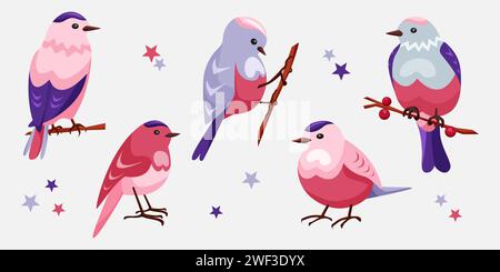 Set di graziosi piccoli uccelli stagionali in rosa e blu Illustrazione Vettoriale