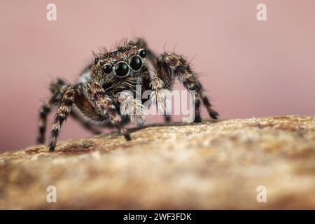 Piccolo ragno saltellante con grandi occhi neri su sfondo rosa marrone. Foto Stock