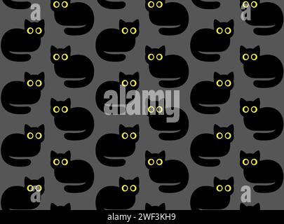 Semplice motivo nero a cartoni animati senza cuciture, graziosa silhouette a gatto con occhi gialli. Texture sfondo Halloween scuro. Illustrazione Vettoriale