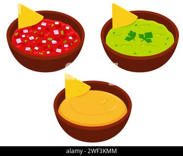 Set da disegno cartoni animati con nachos e ciotole messicani. Salsa di pomodoro, guacamole e salsa di formaggio. Illustrazione grafica vettoriale isolata. Illustrazione Vettoriale