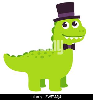 Simpatico dinosauro gentiluomo dei cartoni animati con cappello e cravatta. Illustrazione vettoriale carina. Illustrazione Vettoriale