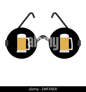 Bicchieri rotondi neri con due tazze piene di birra. Illustrazione vettoriale, icona isolata su sfondo bianco. Illustrazione Vettoriale