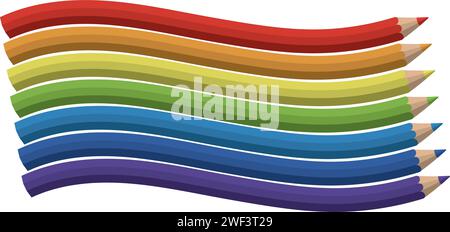 Arcobaleno di matite colorate affilate allineate su uno sfondo bianco, a simboleggiare il ritorno a scuola e la diversità Illustrazione Vettoriale