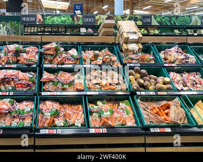 Taplow, Regno Unito. 28 gennaio 2024. Verdure in vendita in un supermercato Tesco a Taplow, Buckinghamshire. A partire dalla prossima settimana entreranno in vigore nuovi controlli sulle importazioni post-Brexit che vedranno aumentare il prezzo della frutta e della verdura. Come parte delle nuove regole, il governo sta fissando requisiti di lavoro burocratico per le imprese dell'UE che inviano prodotti vegetali nel Regno Unito. Credito: Maureen McLean/Alamy Foto Stock