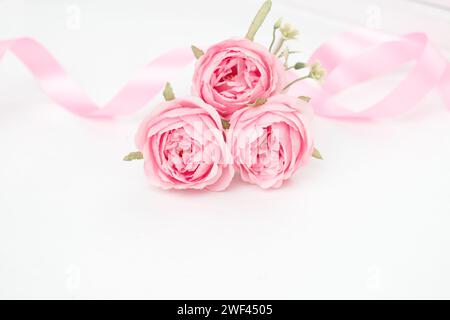 Due a forma di cuore di rose rosse e nastri isolati su sfondo bianco, il giorno di San Valentino Foto Stock