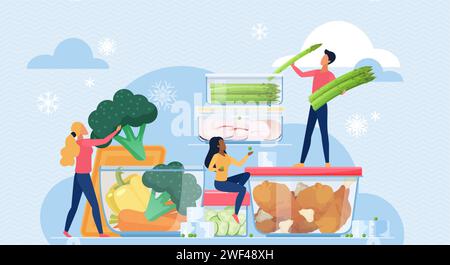 Conservazione degli alimenti freschi e cotti in contenitori di vetro per frigorifero con coperchi. Minuscole persone con broccoli e asparagi da mettere in scatola per il pranzo, cartoni animati trasparenti da cucina, illustrazione vettoriale Illustrazione Vettoriale