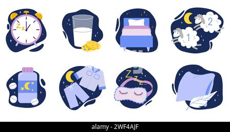 Ora di riposo. Relax notturno. Morbido cuscino in piuma. Sveglia. Maschera notturna per insonnia. Rilassati a letto. Pillola dormiente. Occhio nelle nuvole. Conteggio delle pecore. Bicchiere di latte e biscotti. Set di icone dei sogni vettoriali Illustrazione Vettoriale