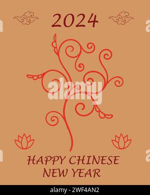 Capodanno cinese. Vacanza tradizionale. 2024 festeggiamenti. Elemento floreale orientale. Simbolo fiorente. Ornamento botanico giapponese rosso. Nuvole in stile asiatico e fiori di loto. Design del biglietto di auguri vettoriale Illustrazione Vettoriale