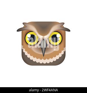 Simpatico volto di gufo, testa di uccello comica a forma quadrata per pulsante app mobile, illustrazione vettoriale dell'avatar animale Illustrazione Vettoriale