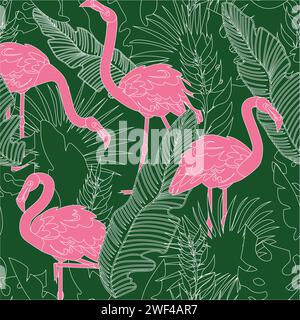 Fantasia Flamingo senza cuciture. Uccello rosa tropicale in foglie di palma verde. Sfondo da paradiso. Tessuto decorativo, carta da rivestimento, carta da parati. Stampa per tessuti. Illustrazione del vettore isolato piatto cartoni animati Illustrazione Vettoriale