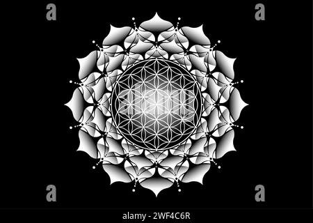 Sacro lotus yantra mandala, Fiore mistico della vita. Geometria sacra, elemento grafico con logo vettoriale isolato. Icona mistica seme di vita, logo geometrico Illustrazione Vettoriale