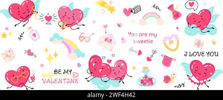 Elementi divertenti e romantici. Coppia di cuori carini, lettere e pacchi d'amore, arcobaleno. Simboli di San Valentino, incantevoli adesivi isolati, set vettoriale di neve Illustrazione Vettoriale