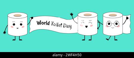 Striscione World toilet Day. Simpatici e emozionanti rotoli di carta per le festività del 19 novembre. Igiene emozioni positive personaggi, poster vettoriale decente Illustrazione Vettoriale