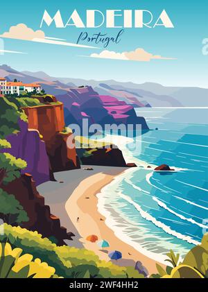 Poster destinazione di viaggio a Madeira, Portogallo, in stile retrò. Stampa di paesaggi con rocce e spiaggia di mare nelle giornate di sole. Vacanze estive europee, vacanze Illustrazione Vettoriale