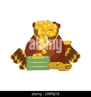 Borsa dei soldi con soldi, moneta e lingotto d'oro. Pila di lingotti o lingotti d'oro lucenti e sacchetto dei soldi con monete. Concetto aziendale. Icona per Web, giochi, applicazioni Illustrazione Vettoriale