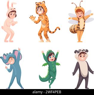 Costumi animali. Festa per i bambini con divertenti costumi di carnevale, completo vettoriale esatto per i bambini Illustrazione Vettoriale