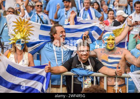 Samara, Russia – 25 giugno 2018. Tieniti in piedi con i tifosi uruguaiani prima della partita della Coppa del mondo FIFA 2018 Uruguay vs Russia (3-0). Foto Stock