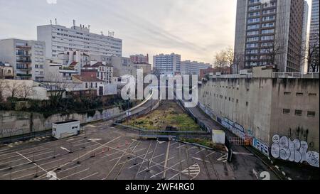 Stazione di ralway di Gobelins, una terra da nessuna parte nel XIII distretto, Parigi, Ile-de-France, Grand-Paris, Francia Foto Stock