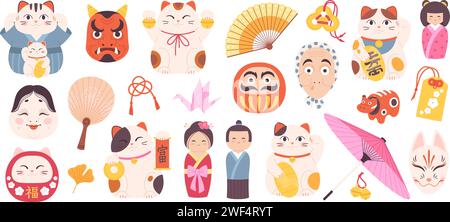 Simboli giapponesi dei cartoni animati. Elementi asiatici, gatti neko maneki, maschera e ombrello tradizionale. Collezione di cartoni animati della cultura giapponese, clipart razziale isolato Illustrazione Vettoriale