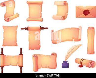 Papiro vintage su aste di legno. Antiche buste con sigillo di cera, lettere in vecchio stile dei cartoni animati. Mappe o documenti del tesoro vuoti, insieme vettoriale di oggi Illustrazione Vettoriale