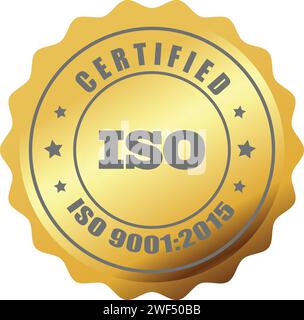 Sigillo ISO in oro , timbro ISO, certificato aziendale certificato ISO 9001:2015 vettore blu, certificato di qualità, oro Illustrazione Vettoriale