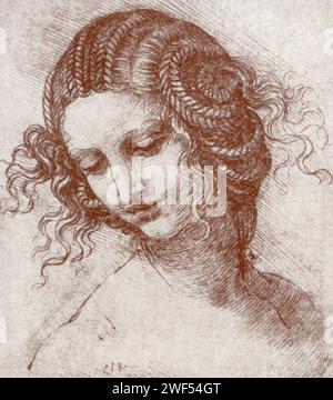 Questo disegno di Leonardo da Vinci mostra lo stile di Leonardo - disegni a specchio. Qui viene mostrata una giovane donna. Leonardo di ser Piero da Vinci (1452-1519) è stato un polimero italiano dell'alto Rinascimento attivo come pittore, disegnatore, ingegnere, scienziato, teorico, scultore e architetto. Foto Stock