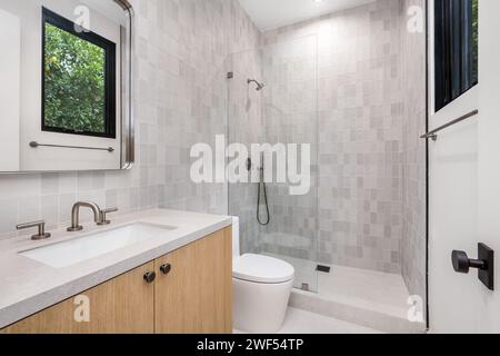 Bagno moderno con elegante cabina doccia e WC Foto Stock
