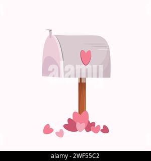 Cassetta postale grigia con un cuore sul lato e una bandiera rialzata su un piede marrone. Per le lettere d'amore. In piedi in un mucchio di cuori rosa. Per San Valentino. Illustrazione Vettoriale