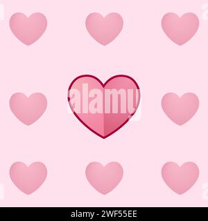 Un set di cuori rosa su sfondo quadrato rosa. Al centro spicca un cuore di grandi dimensioni con un contorno scuro. Cartolina per San Valentino. Illustrazione Vettoriale