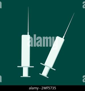 Due strumenti medici. Siringhe blu con ago appuntito per iniezioni su sfondo scuro. Iniettare la medicina in una vena. Vettore. Illustrazione Vettoriale