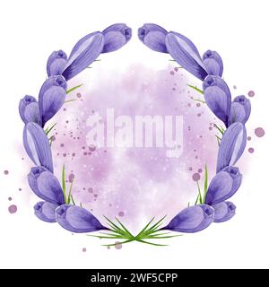 Corona di croci viola, telaio di fiori a molla. Illustrazione ad acquerello dipinta a mano isolata su sfondo bianco elemento di design per etichetta, confezione Foto Stock