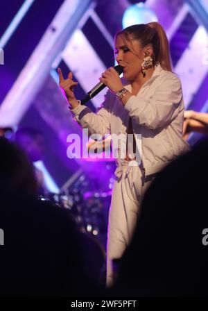 Praia grande, Brasile. 26 gennaio 2024. Il cantante MANU BATIDAO si è esibito all'Estacao Verao di Praia grande. (Immagine di credito: © Joanderson Andrade/TheNEWS2 via ZUMA Press Wire) SOLO USO EDITORIALE! Non per USO commerciale! Foto Stock