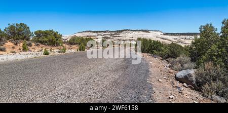 Panorama della Burr Trail Road, che si snoda attraverso le colline di arenaria del Grand Staircase-Escalante National Monument nello Utah, Stati Uniti Foto Stock